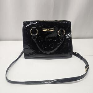 BETSEY Johnson Black Patent Hearts Satchel Tote Logo Glam Crossbody Purse